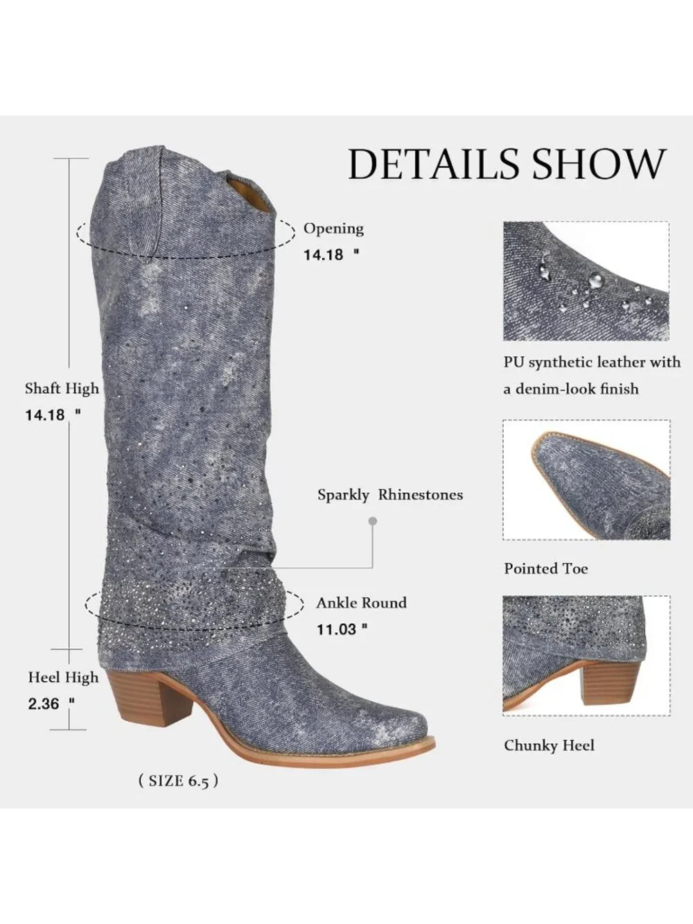 Women's Light Blue Rhinestones Fold Over Wide Calf Fashion Western Tall Boots